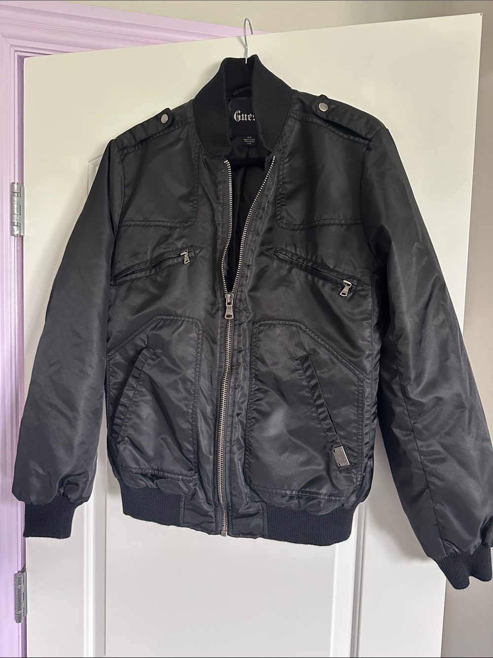 GUESS Black Men's Bomber Jacket with Zip Pockets